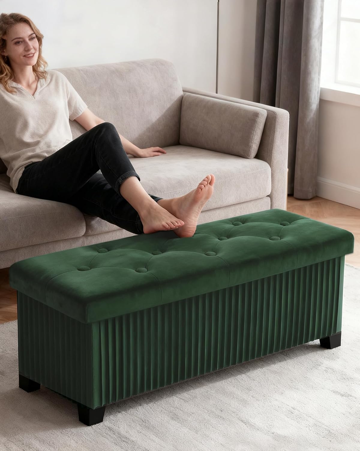 LITZFUR 43 Inches Storage Ottoman Bench, Velvet Foot Rest Stool, Green