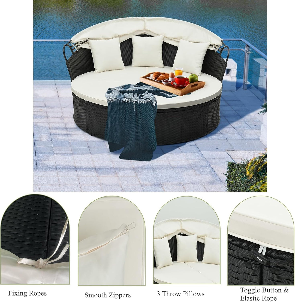 LIFEZEAL Rattan Sun Island with Sun Canopy, Garden Lounger Sun Lounger with Cushion, 5-Piece Lounge Set with Foldable Rain Cover, Garden Lounge Patio Furniture up to 360 kg (White, 168 x 180 x 157 cm)