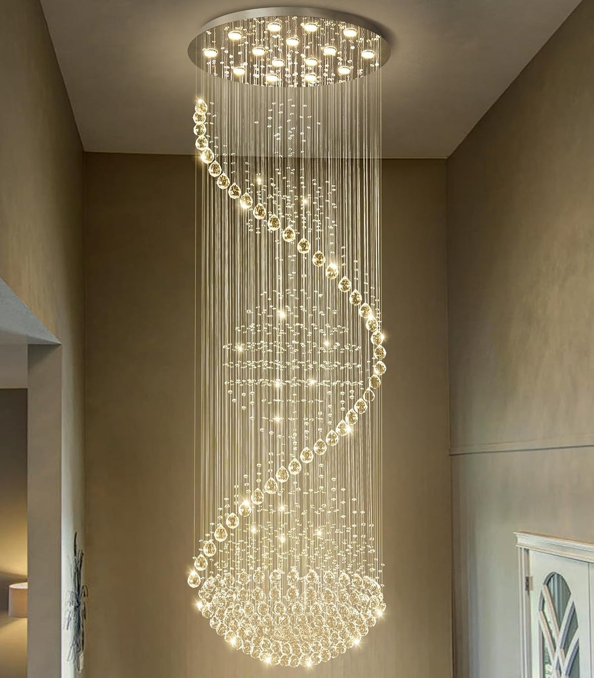 D40'' x H120'' Crystal Chandelier High Ceiling Chandeliers for Staircaes Large Raindrop Chandeliers LED Dimmable Flush Mount Light Fixtures for Foyer Hallway Entryway LED Bulbs Included Silver