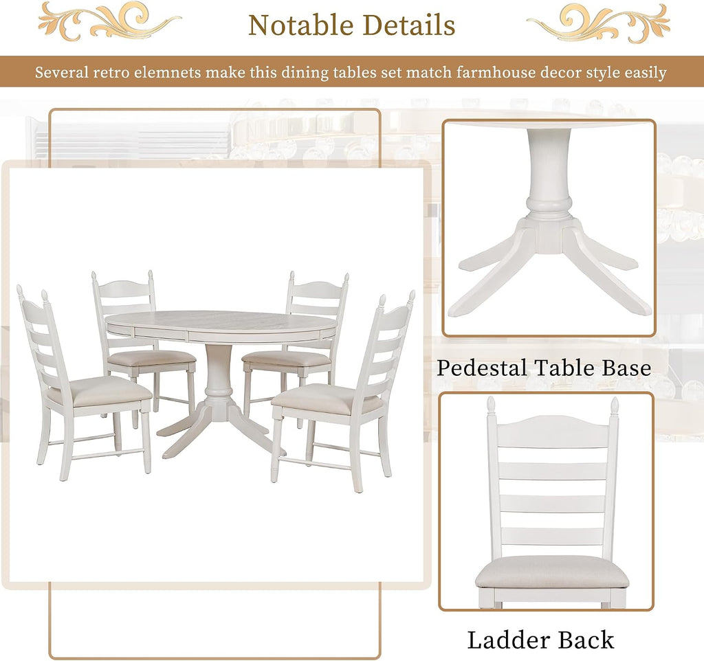 LUMISOL 5-Piece Solid Wood Dining Table Set for 4, Farmhouse Kitchen Table Set with Extendable Round Table & 4 Upholstered Chairs for Kitchen, Dining Room, Small Space, Antique White