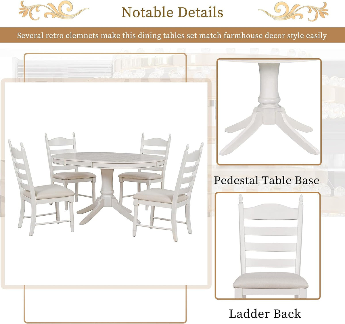LUMISOL 5-Piece Solid Wood Dining Table Set for 4, Farmhouse Kitchen Table Set with Extendable Round Table & 4 Upholstered Chairs for Kitchen, Dining Room, Small Space, Antique White