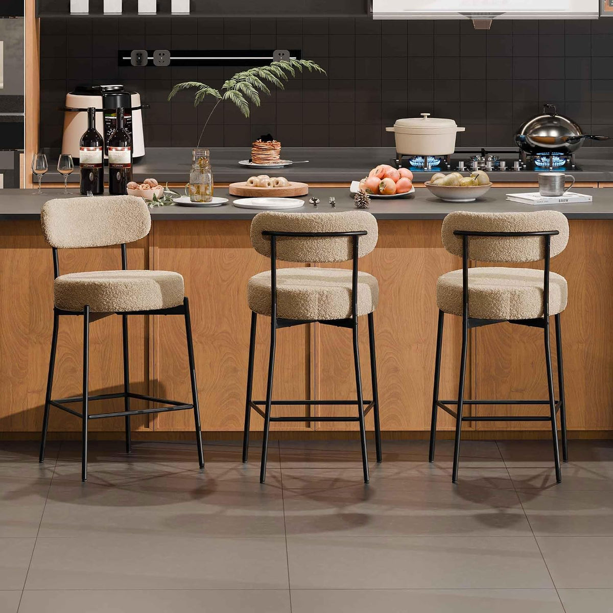 DYHOME Bar Stools Set of 3 Modern Boucle Counter Stools for Kitchen Island