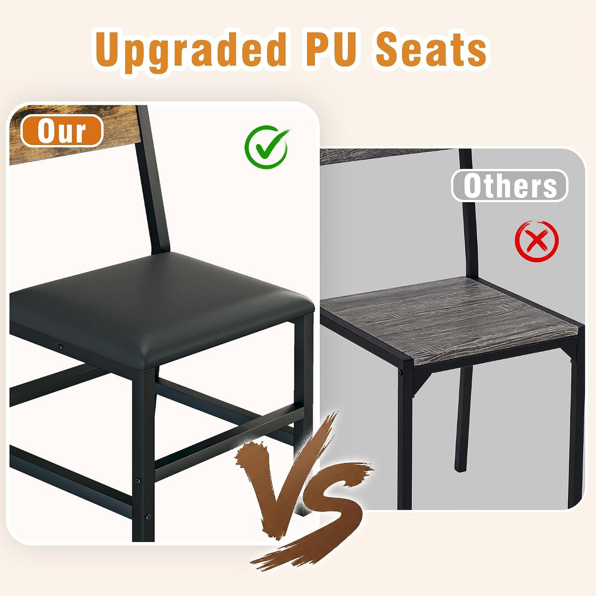 5-Piece Dining Table Set for 6, 63'' Long Kitchen Table Cushion Chairs Set with PU Bench and 3 Chairs, Rectangle Dining Table with Metal Frame & MDF Board, Space-saving for Small Apartment, Rustic