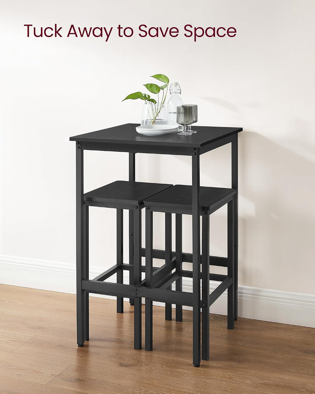 VASAGLE Bar Table and Chairs Set, Square, with 2 Stools, Space Saving