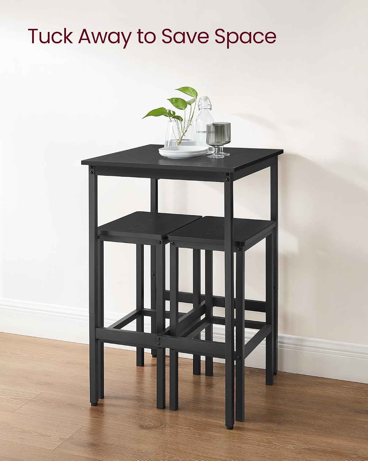 VASAGLE Bar Table and Chairs Set, Square, with 2 Stools, Space Saving