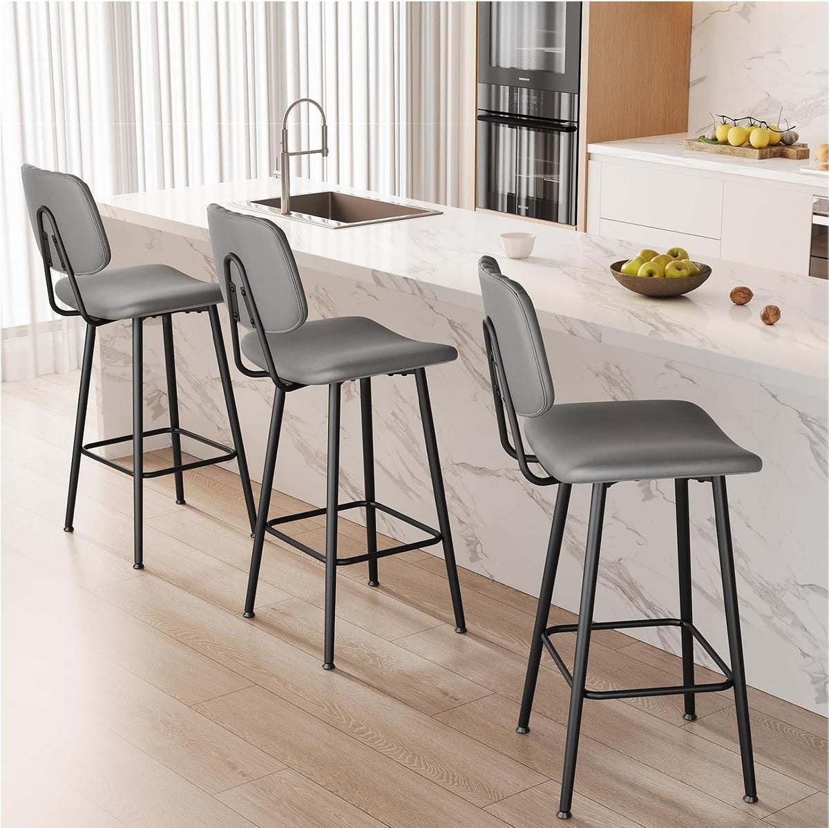 Raynesys 29-Inch Leather Bar Stools Set of 3 with High Backrest, Grey