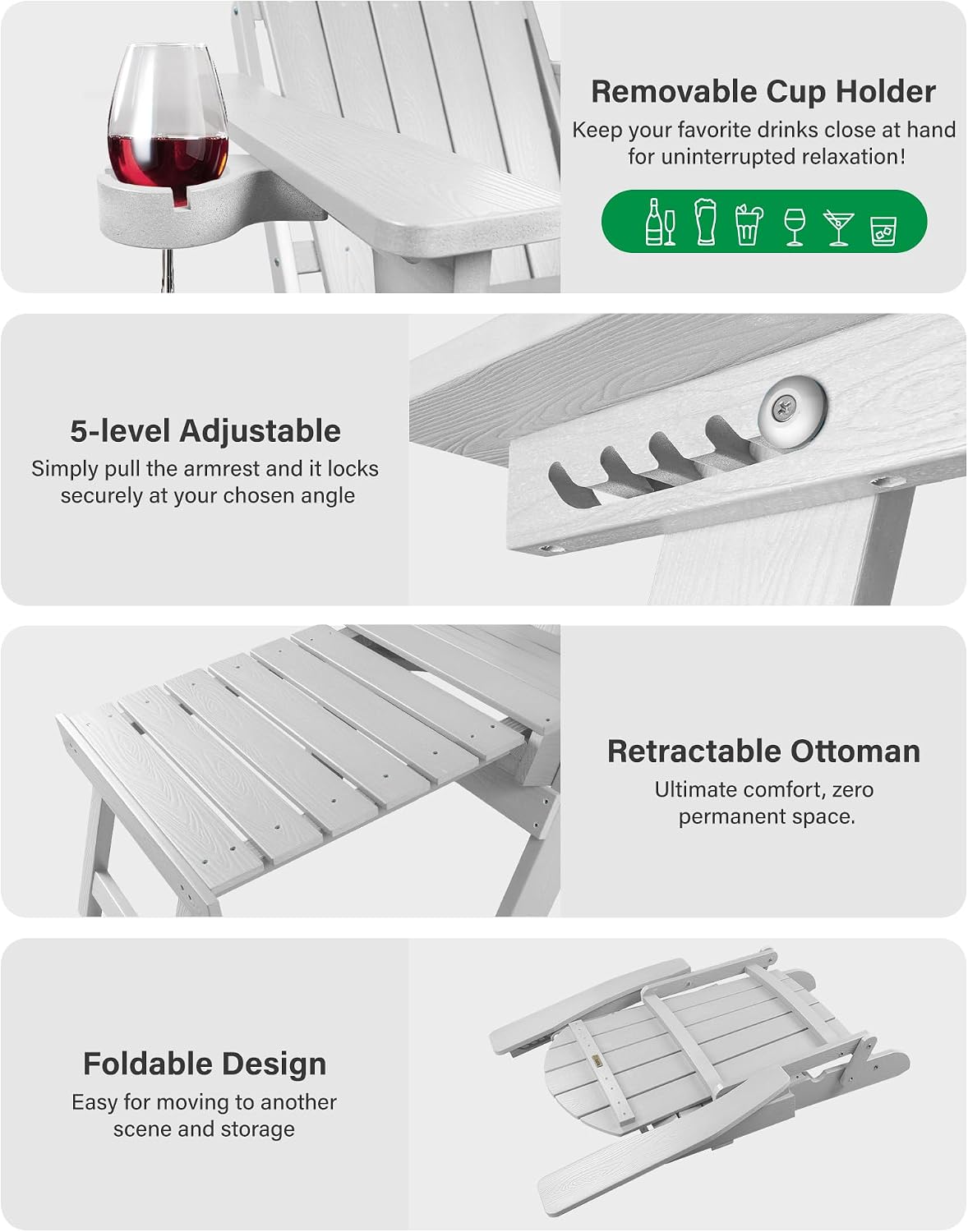 YEFU Adjustable Adirondack Chair with Footrest,All-Weather, Set of 2,White