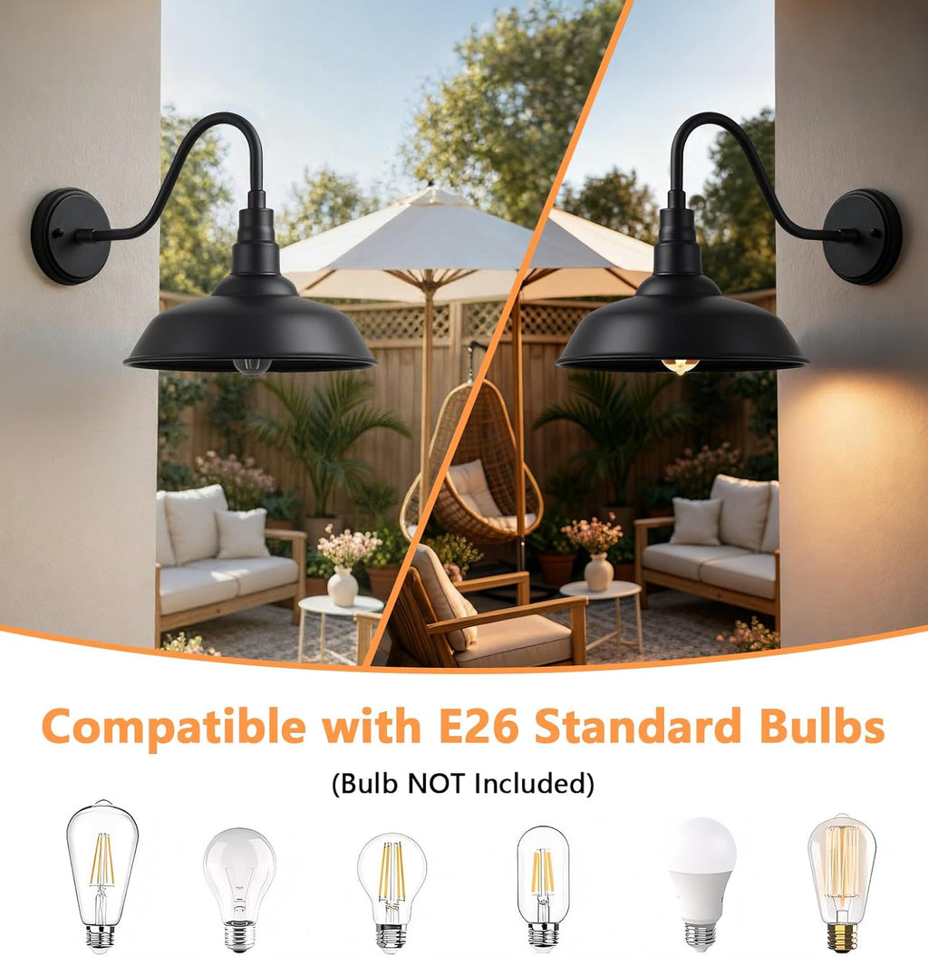 10" Outdoor Gooseneck Barn Lights, Black Farmhouse Fixtures, 2-Pack