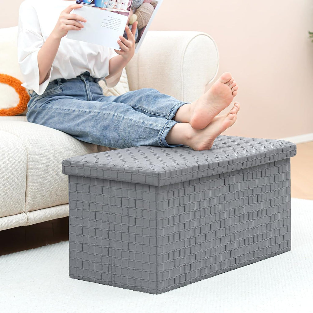 B FSOBEIIALEO Folding Storage Ottoman Bench, 30" Faux Leather Ottomans,Grey