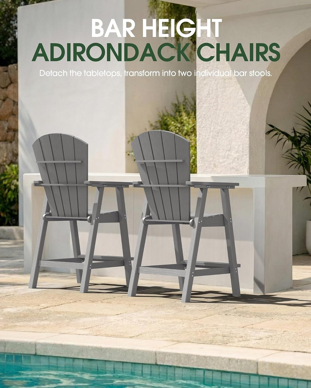 Tall Adirondack Chairs Set of 2 with Double Removable Trays, Grey