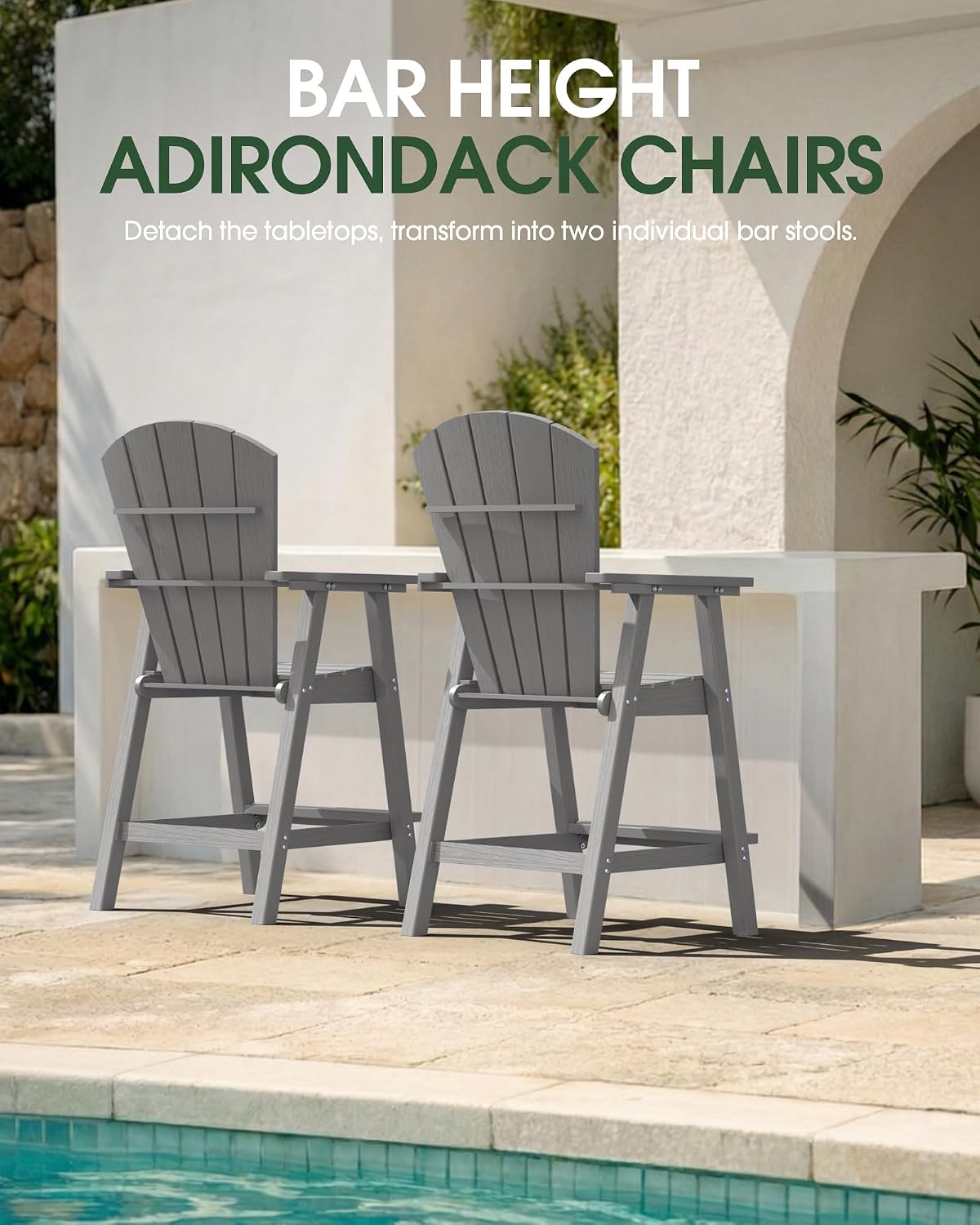 Tall Adirondack Chairs Set of 2 with Double Removable Trays, Grey