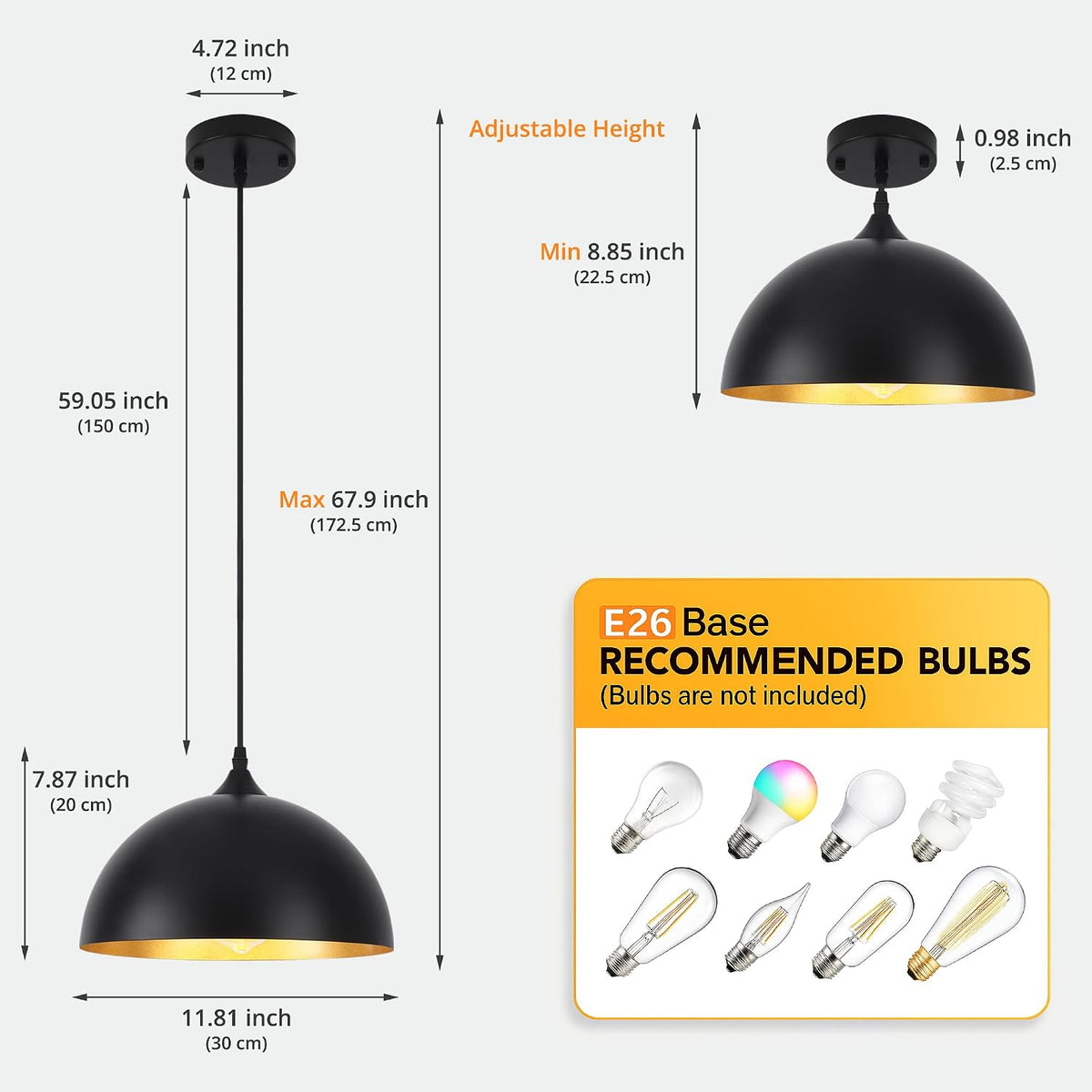 3 Pack Black Pendant Lights Kitchen Island, 11.8'' Modern Dome Pendant Light Farmhouse Hanging Light Fixture for Dining Room Restaurant Foyer Bar Cafe Sink