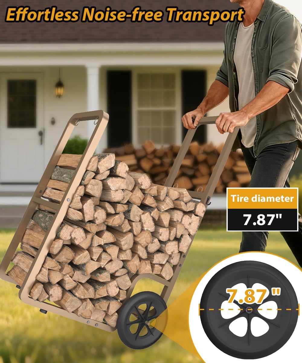 Easy-Assembly Firewood Cart, Rolling Log Carrier for Outdoor & Indoor Use, Wood Rack Storage Mover for Fireplace & Fire Pit, Heavy-Duty Steel Log Dolly Hauler with Rubber Wheels, Brown