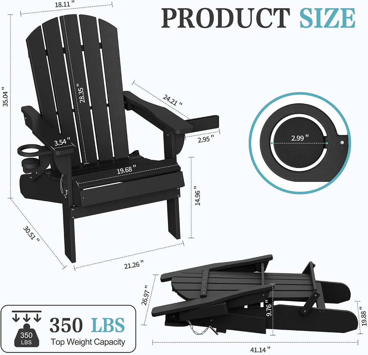 Shintenchi Folding Adirondack Chairs Set of 2,HDPE All-Weather Patio Chairs with Cup Holder & Phone Holder,Wooden Textured Fire Pit Chairs for Patio,Outside,Deck,Backyard,Black