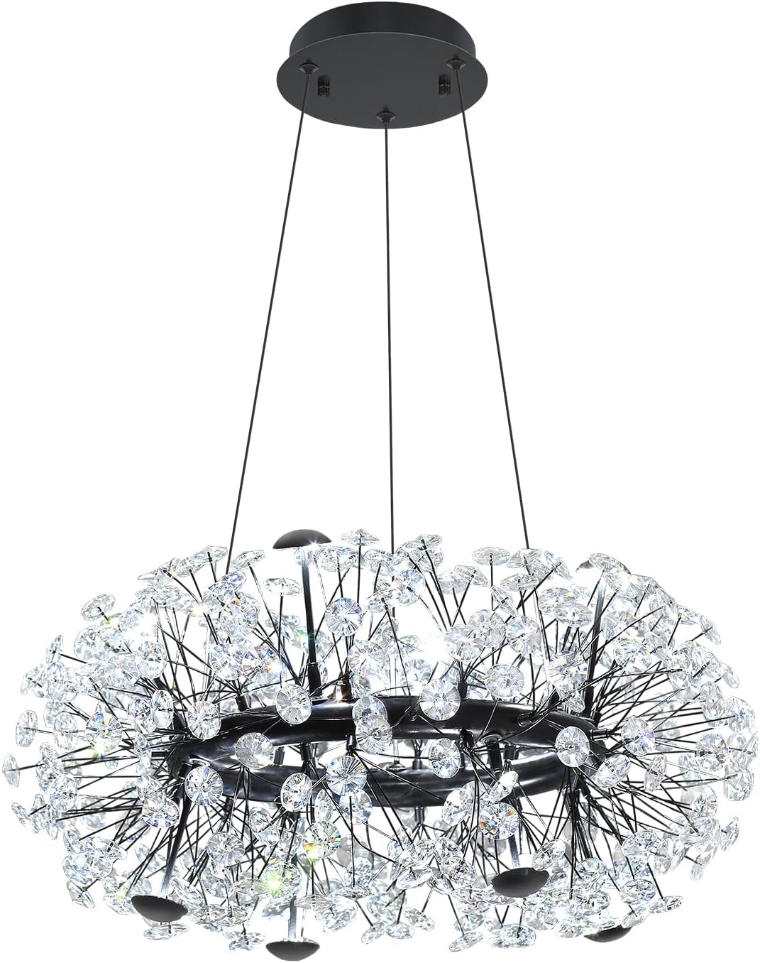ykolupty 8-Light Dandelion Black Chandelier for Dining Room, Sputnik Pendant Light Fixture with Remote Control, 24 inches Modern Crystal Chandelier Living Room, Kitchen, Restaurant