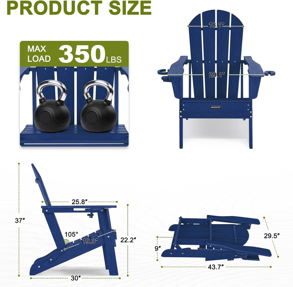 Adirondack Chair HDPE Cup Holders Heavy Duty Patio Woodgrain Navy