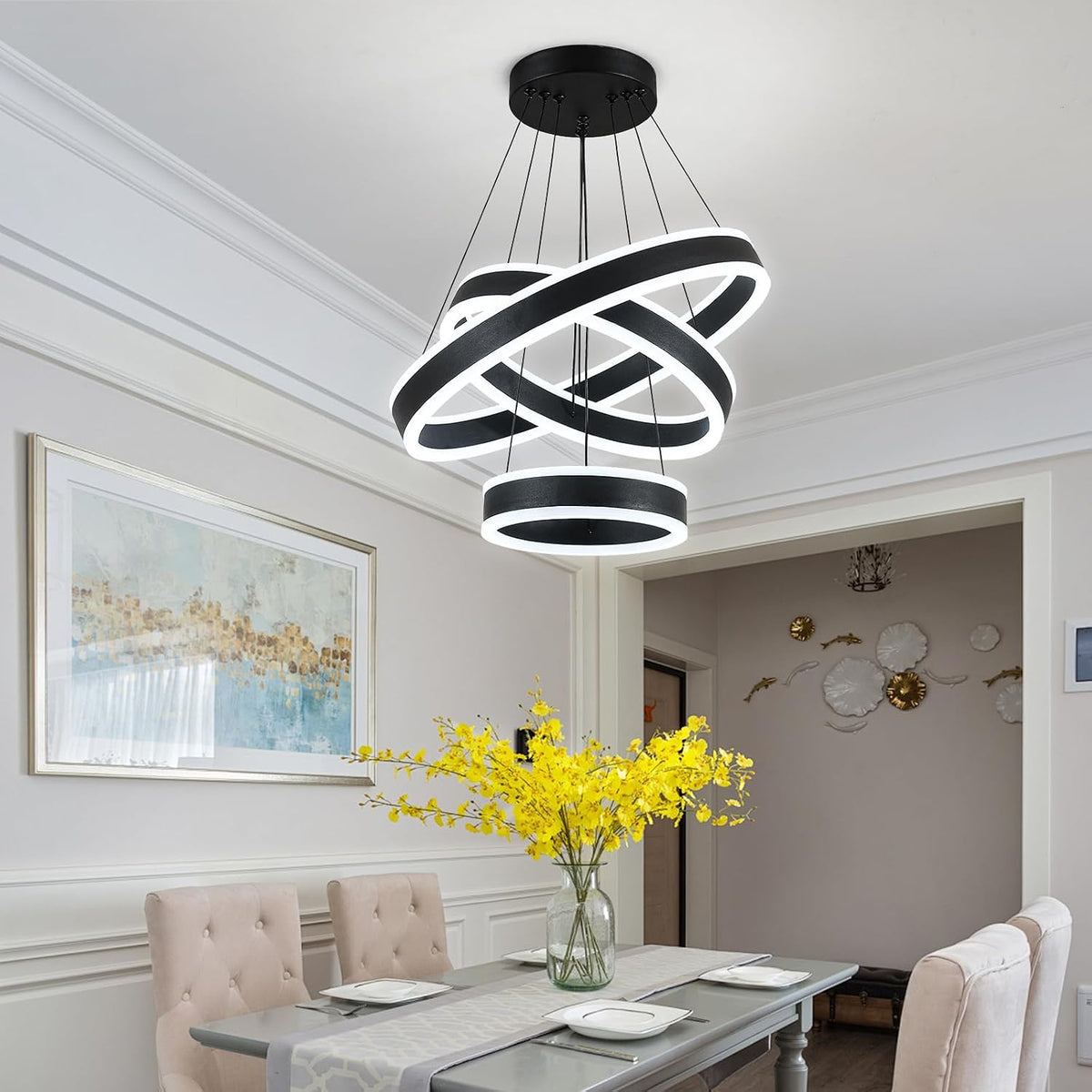 O'NEELDY Modern LED Chandeliers Adjustable Hanging Black Pendant Light Fixture 3 Ring Flush Mount Chandeliers for Bedroom,Kitchen,Island Cafe