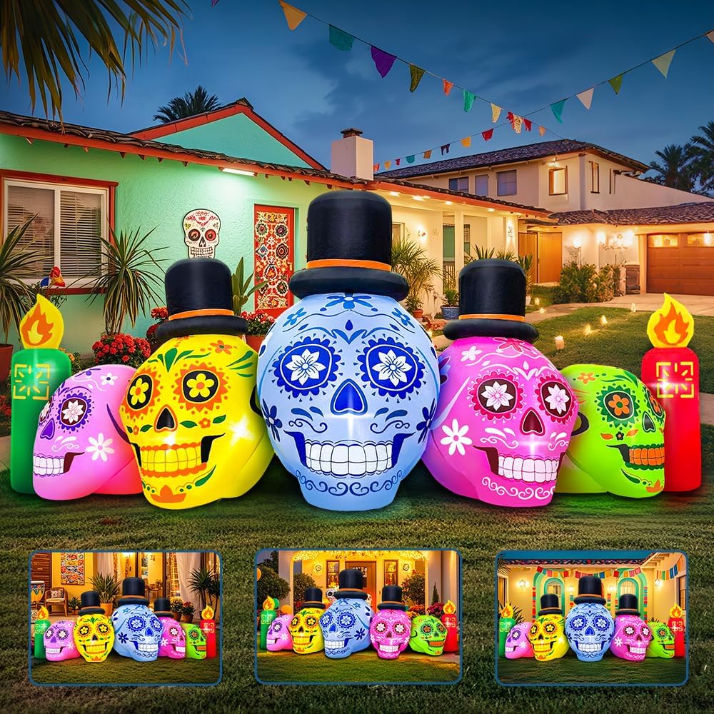 7FT Halloween Inflatable Blow Up Decorations, Dia de Los Muertos Decorations, Day of Dead Inflatable Sugar Skull Dia de Los Muertos, Built-in LEDs for Holiday Party, Garden, Lawn, Yard, Patio Décor