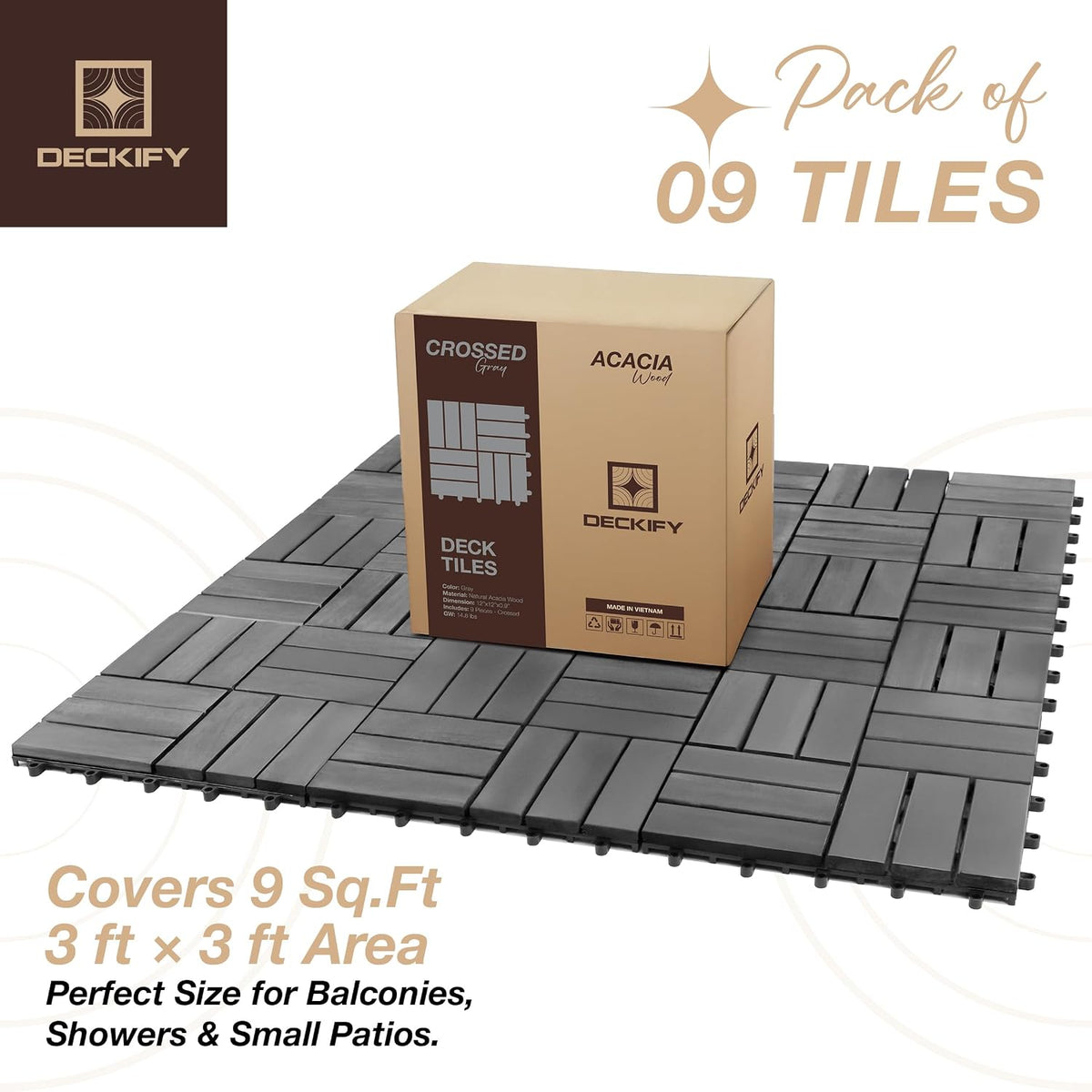 Acacia Interlocking Deck Tiles Outdoor Waterproof All Weather Grey Crossed