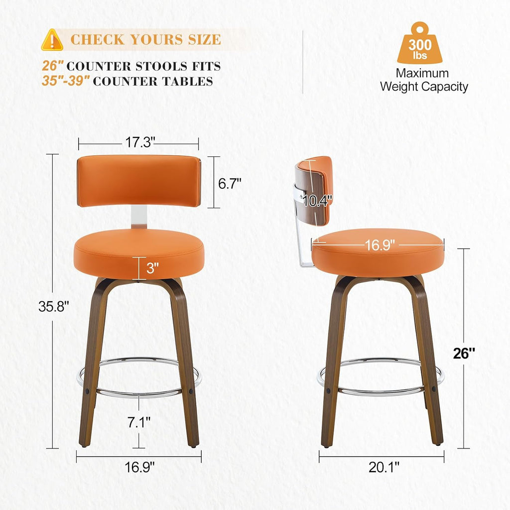 Bekrvio Swivel Counter Height Bar Stools Set of 2, Faux Leather Kitchen Stools Upholstered Barstools with Back, Walnut Wood Legs, Mid Century Island Chairs Counter Stools, 26" Seat Height, Orange