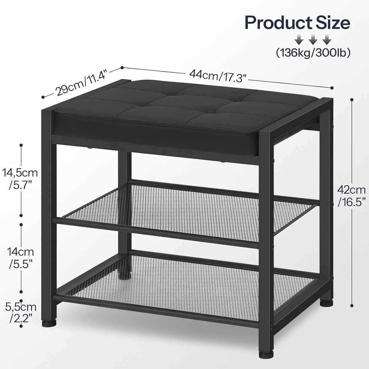 HOOBRO Small Shoe Bench, 3-Tier Shoe Rack, Shoe Storage Bench with PU Seat Cushion, Entryway Shoe Rack Bench with Metal Mesh Shelves, Freestanding Shoe Organizer for Hallway, Black BB33HX01