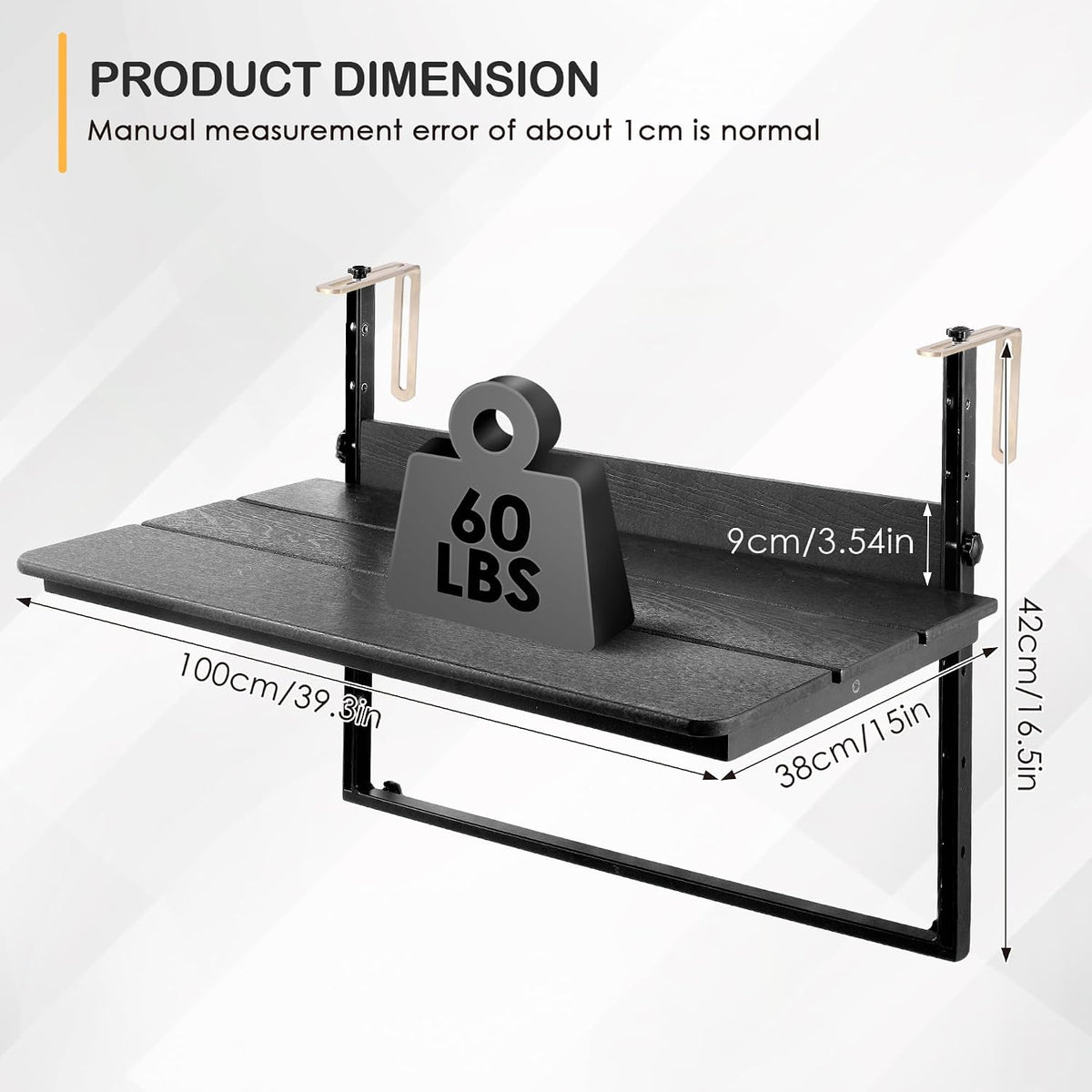HDPE 39.3" Outdoor Folding Balcony Bar Table for Railings, Black