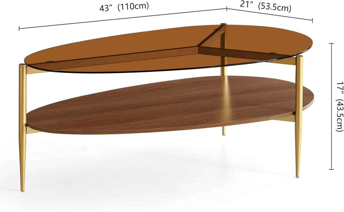 LumFurn Oval Glass Coffee Table, Mid-Century Modern Design, L43 x W21 x H17 inch, for Living Room, 2-Tier Structure, Amber Glass Top, Walnut Finish Wood Shelf & Gold Finish Frame
