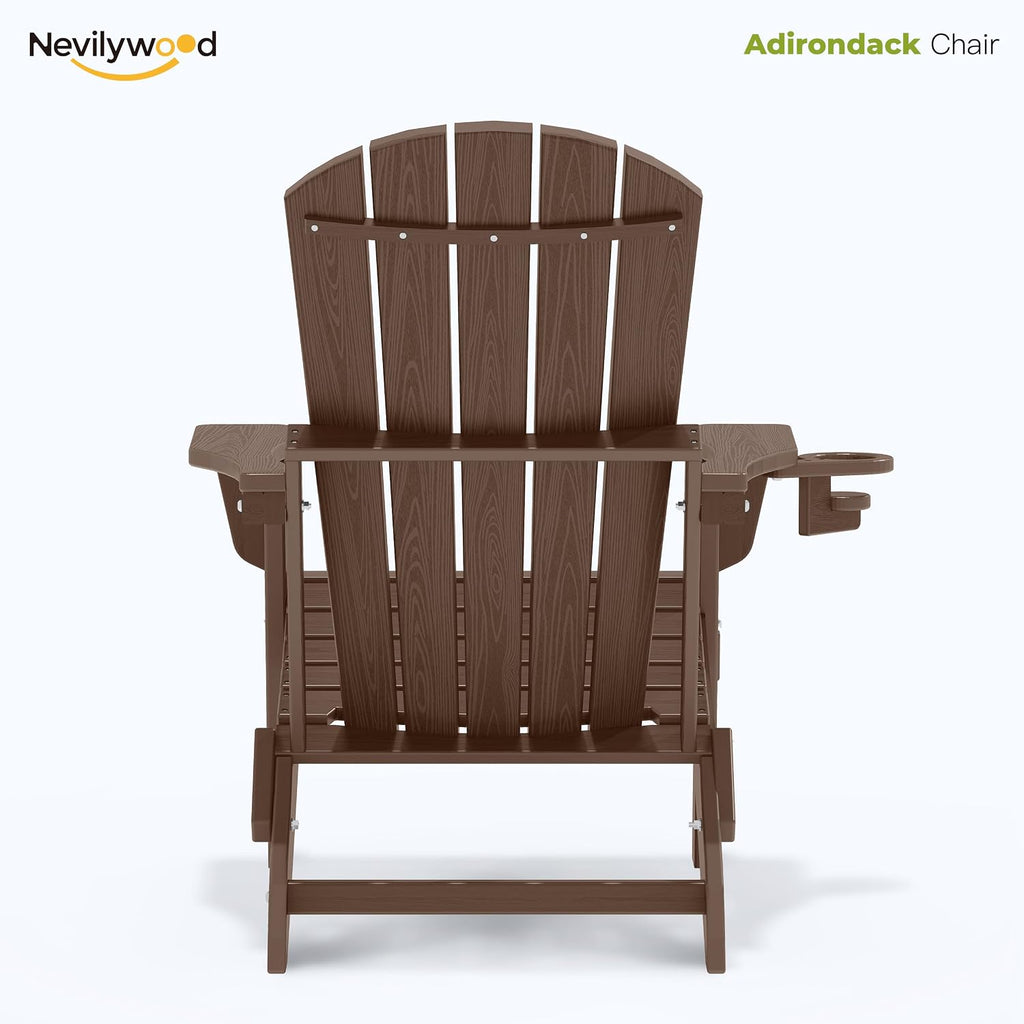 nevilywood Folding Adirondack Chairs Set of 2, HDPE Cup Holders, Coffee