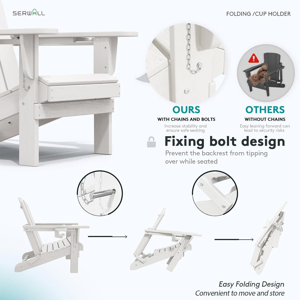 SERWALL Outdoor Adirondack Chair Set of 6 with Cup Holders,Foldable,White