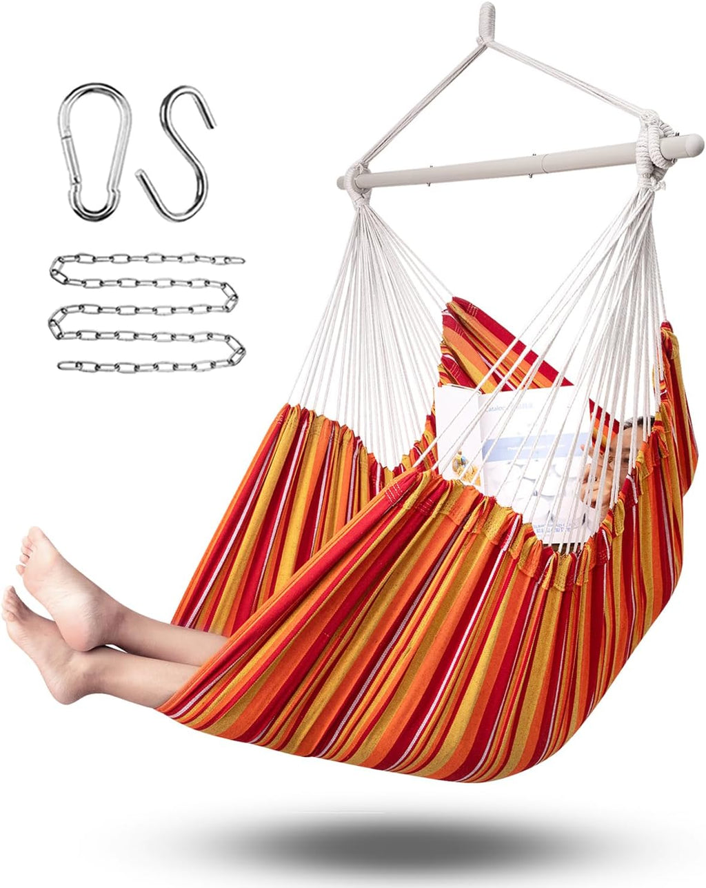 ADVOKAIR Hammock Chair Hanging Chair Rope Swing XXL - Max 500lbs, 70in Large Hammock Swing Chair -Portable Steel Spreader Bar with Anti-Slip Rings-Roomy & Strong