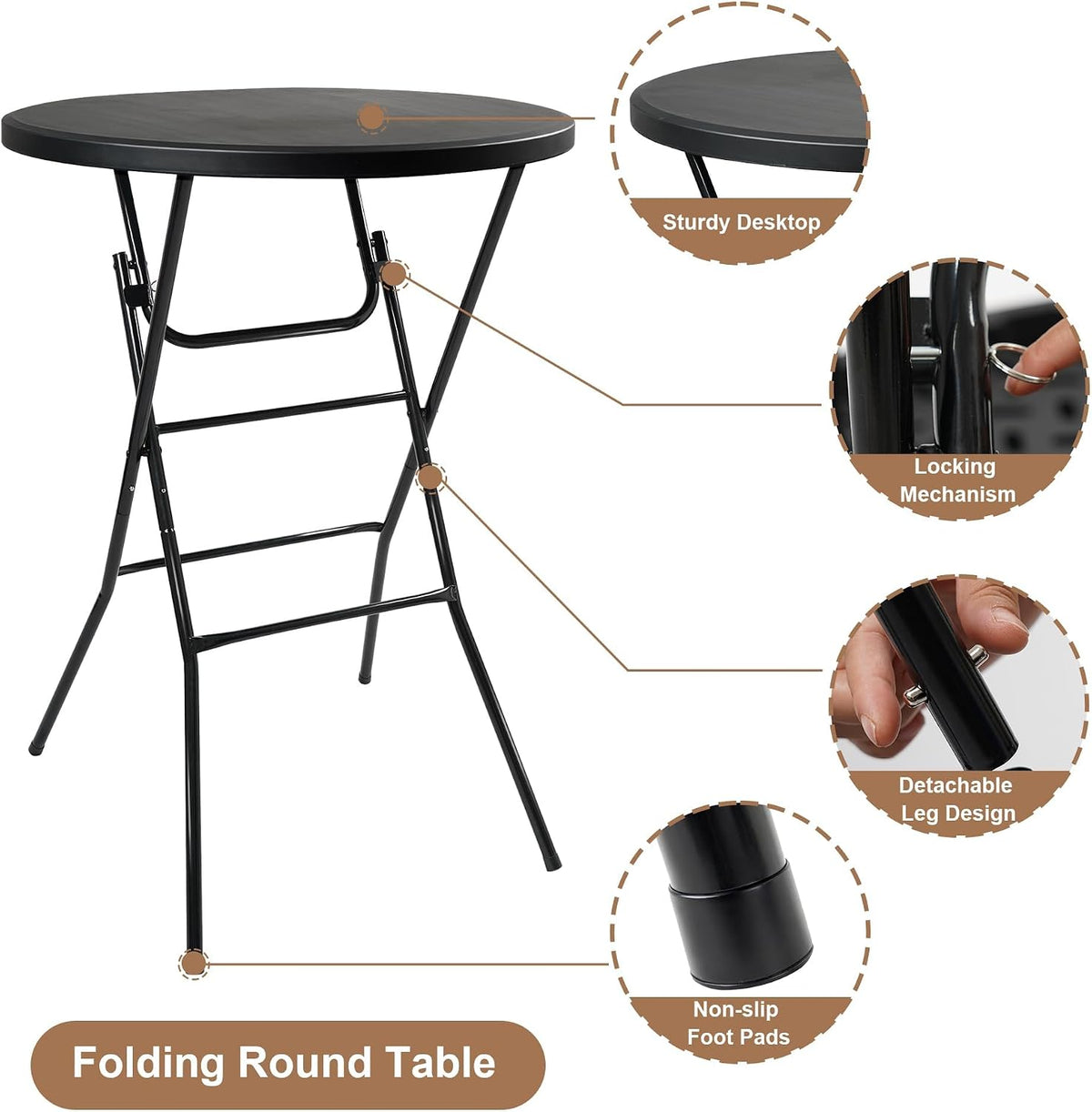 Cocktail Table, D32in x H43.3in Folding Round Cocktail Table High Top