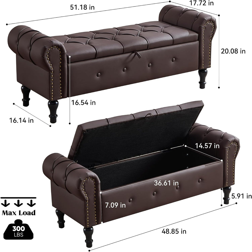 Storage Bench 51" Faux Leather End of Bed Benches Dark Brown