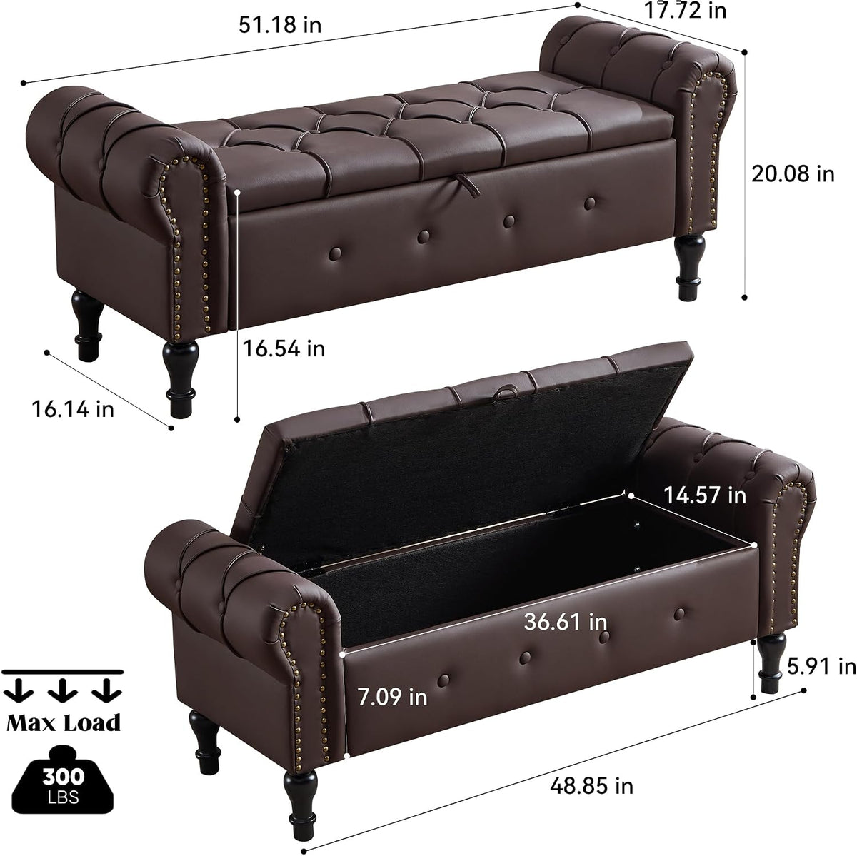 Storage Bench 51" Faux Leather End of Bed Benches Dark Brown