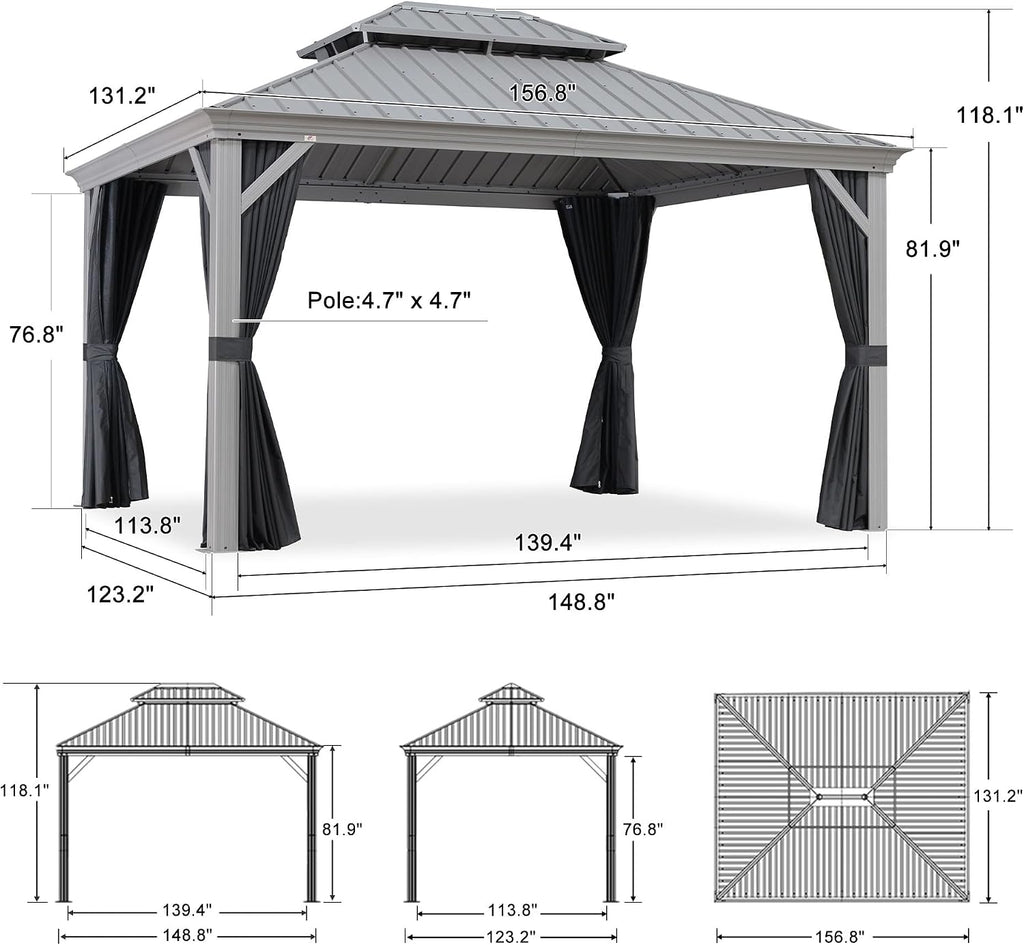 PURPLE LEAF Hardtop Gazebo 11' x 13' Patio Gazebo, Black Curtain & Netting