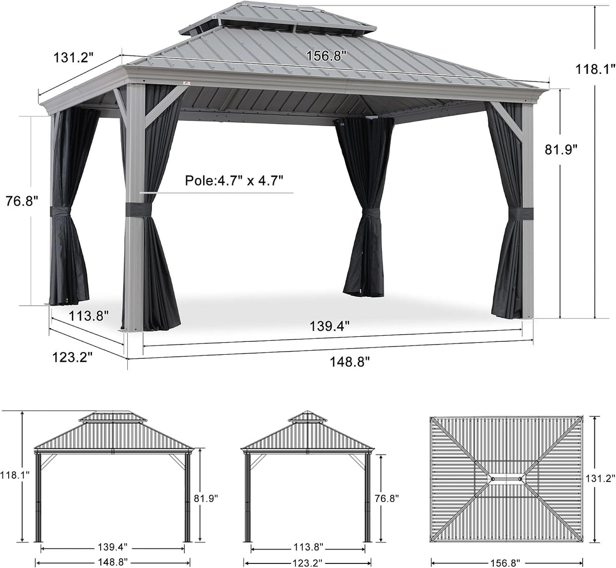 PURPLE LEAF Hardtop Gazebo 11' x 13' Patio Gazebo, Black Curtain & Netting