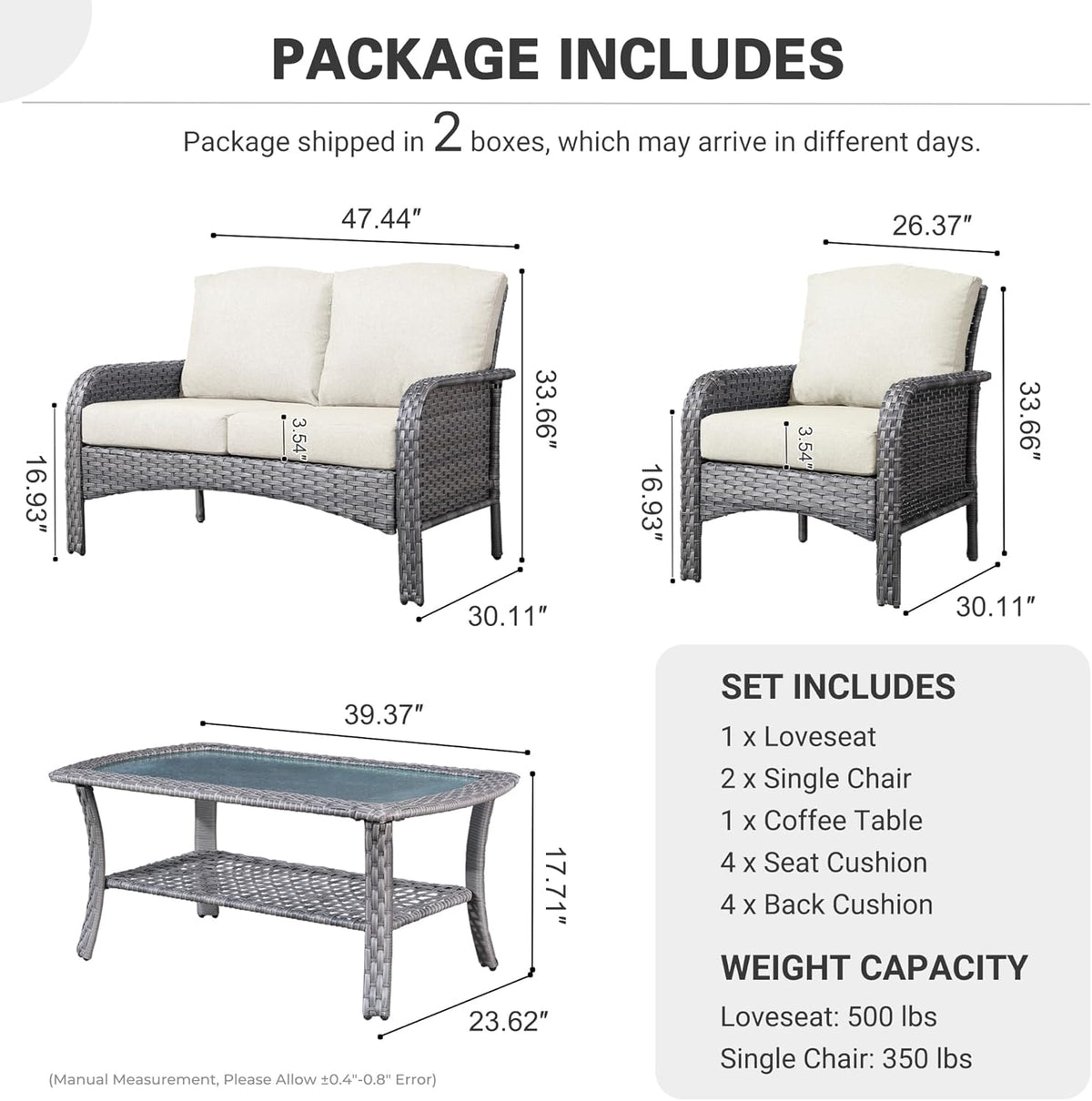 ovios 4-Piece Patio Furniture Set, Outdoor Wicker Sofa with Chairs Coffee Table, High Back Rattan Couch Loveseat with Comfy Cushions for Porch Yard Deck, Beige