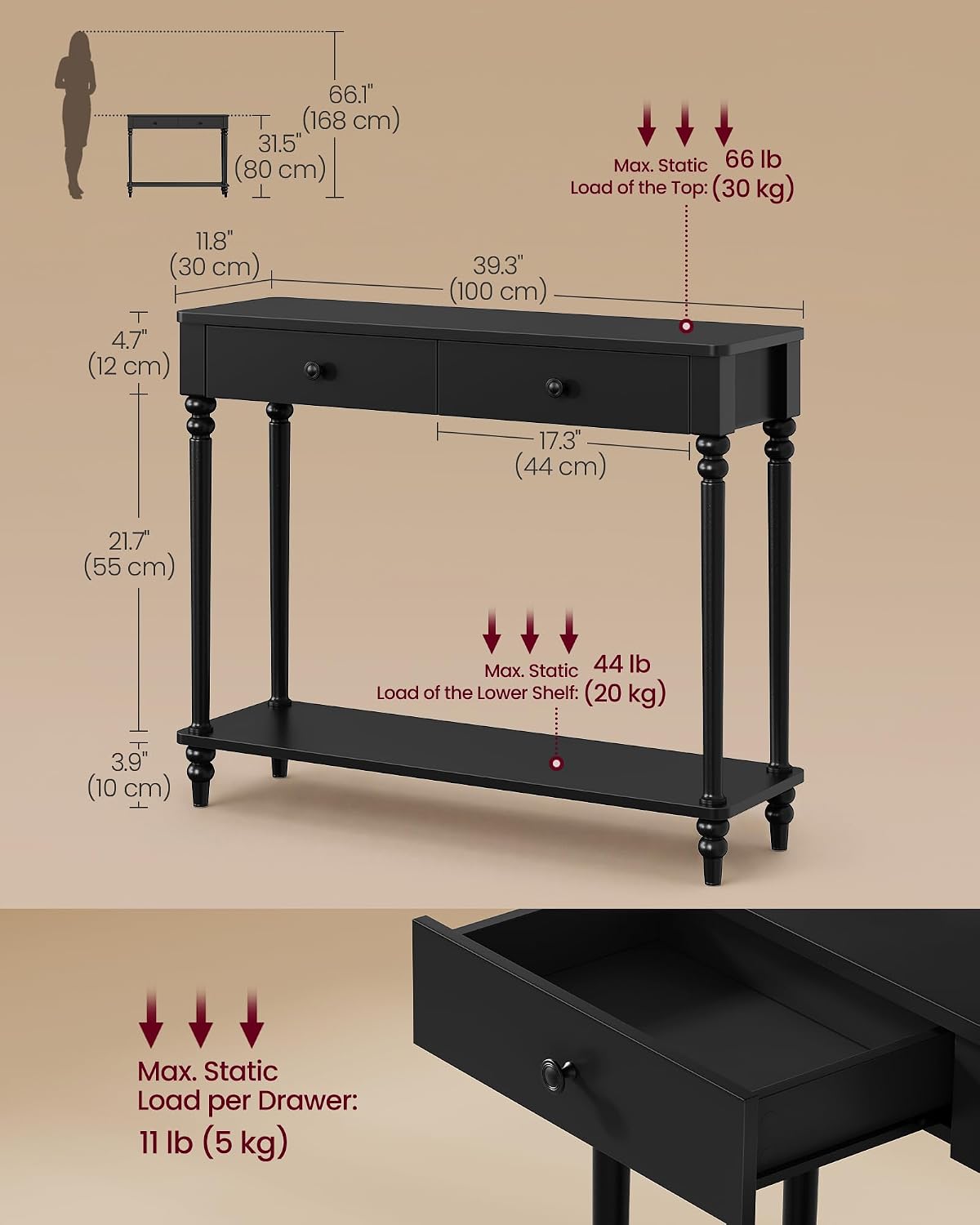 VASAGLE 39.3"Console Table, Narrow Entryway Sofa Table with Solid Wood Legs