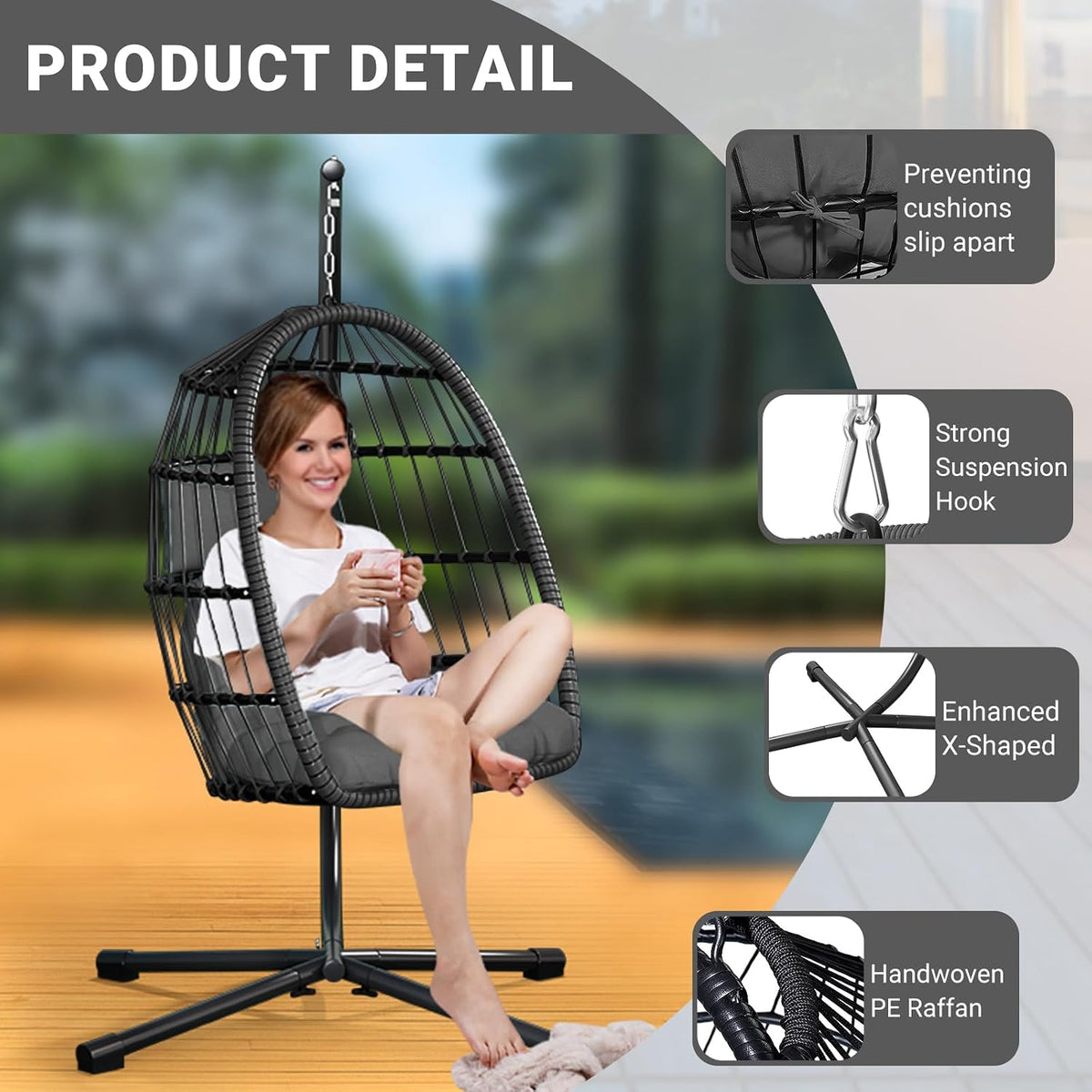 chabatree egg chair with stand,patio rattan wicker hanging showing dimensions
