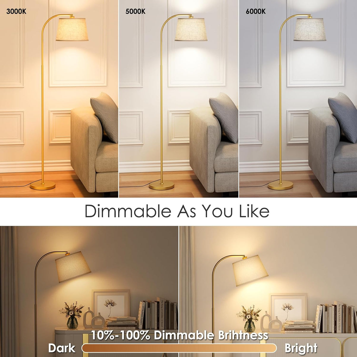 Karjoefar 64" 3 Color Dimmable Gold Arc Floor Standing Lamp with Remote