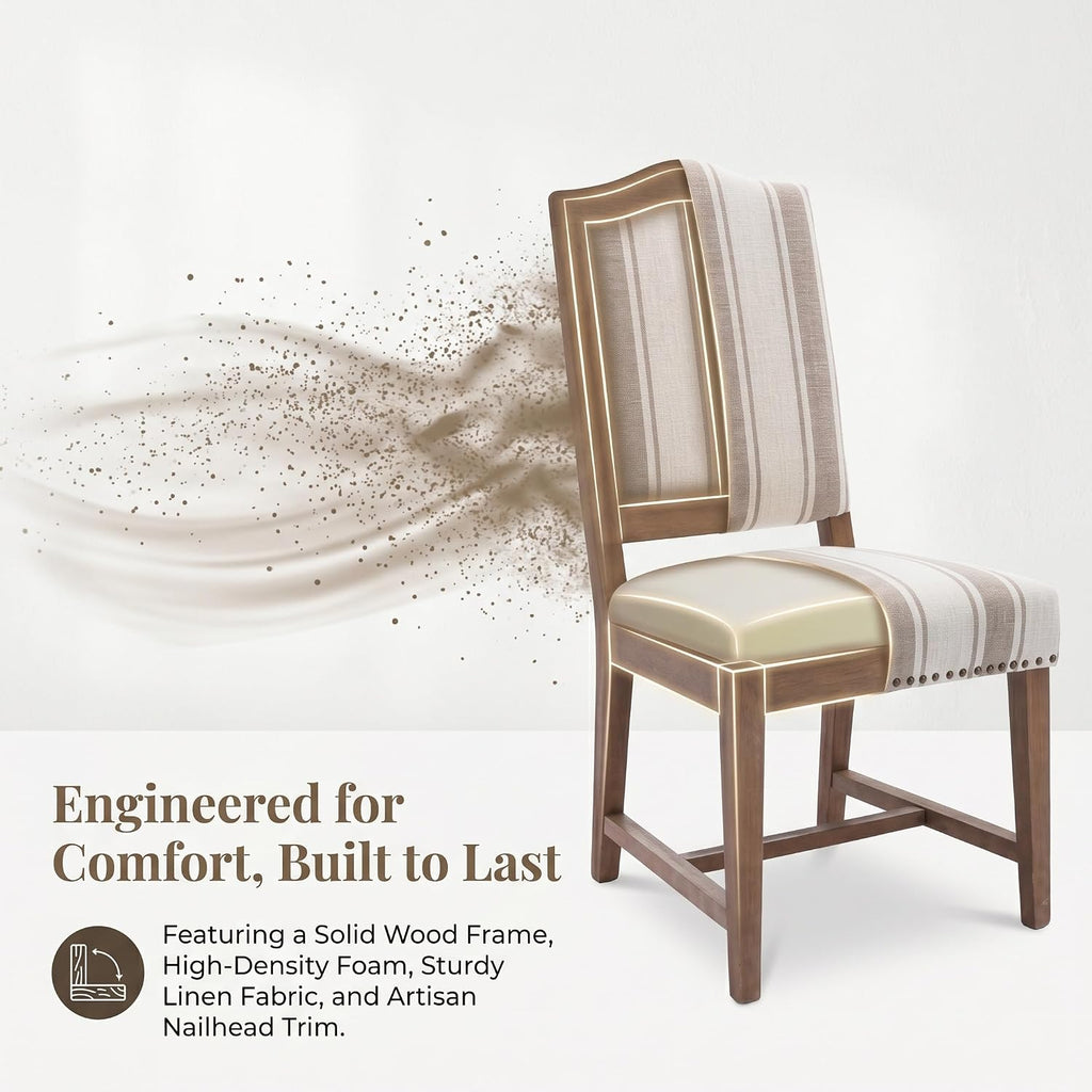 ROCITY Linen Dining Chairs Set of 6 Upholstered Farmhouse Dining Room Chairs Kitchen Side Chairs with Wooden Legs&Nailhead Trim, Beige with Stripe
