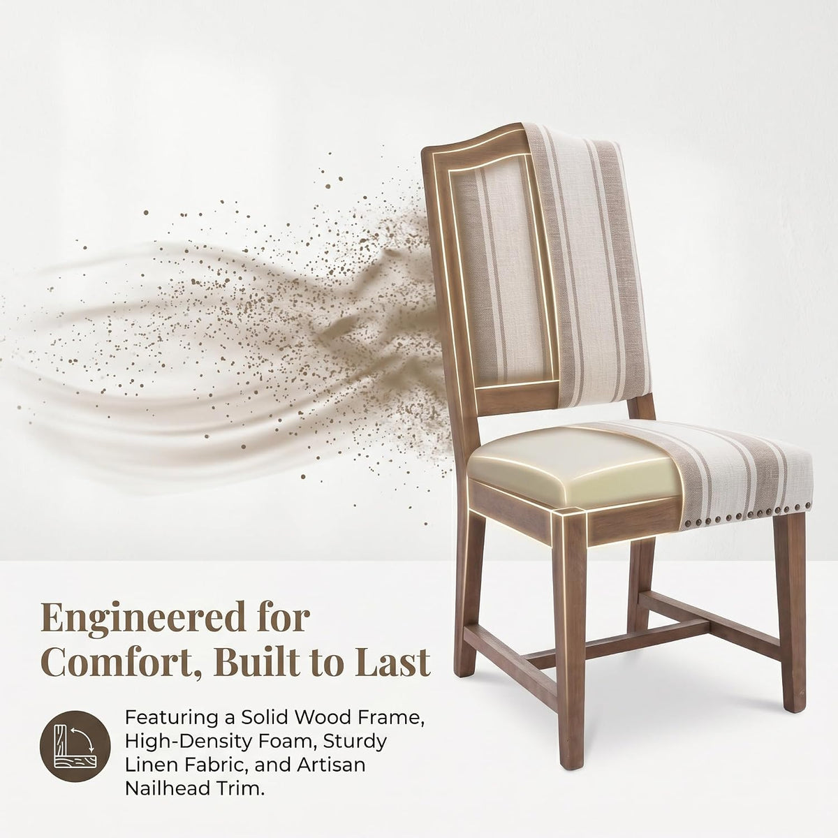 ROCITY Linen Dining Chairs Set of 6 Upholstered Farmhouse Dining Room Chairs Kitchen Side Chairs with Wooden Legs&Nailhead Trim, Beige with Stripe
