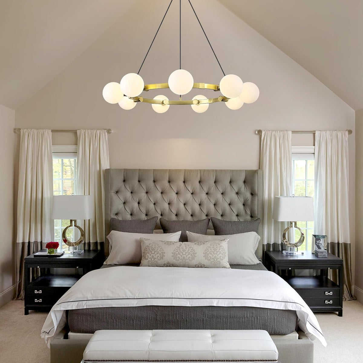 9-light brass sputnik chandeliers, white globe ceiling light, view 9