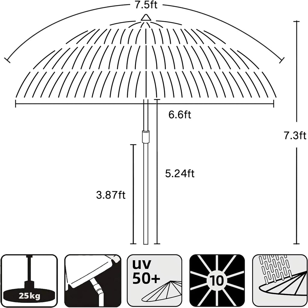 AMMSUN 7.5ft Hula Thatched Tiki Patio Beach Umbrella Hawaiian Style 10 Ribs UPF 50+ with Tilt Carry Bag for Outdoor Tiki Bar, Tropical Palapa, Patio Garden Beach Pool Backyard Natural Color