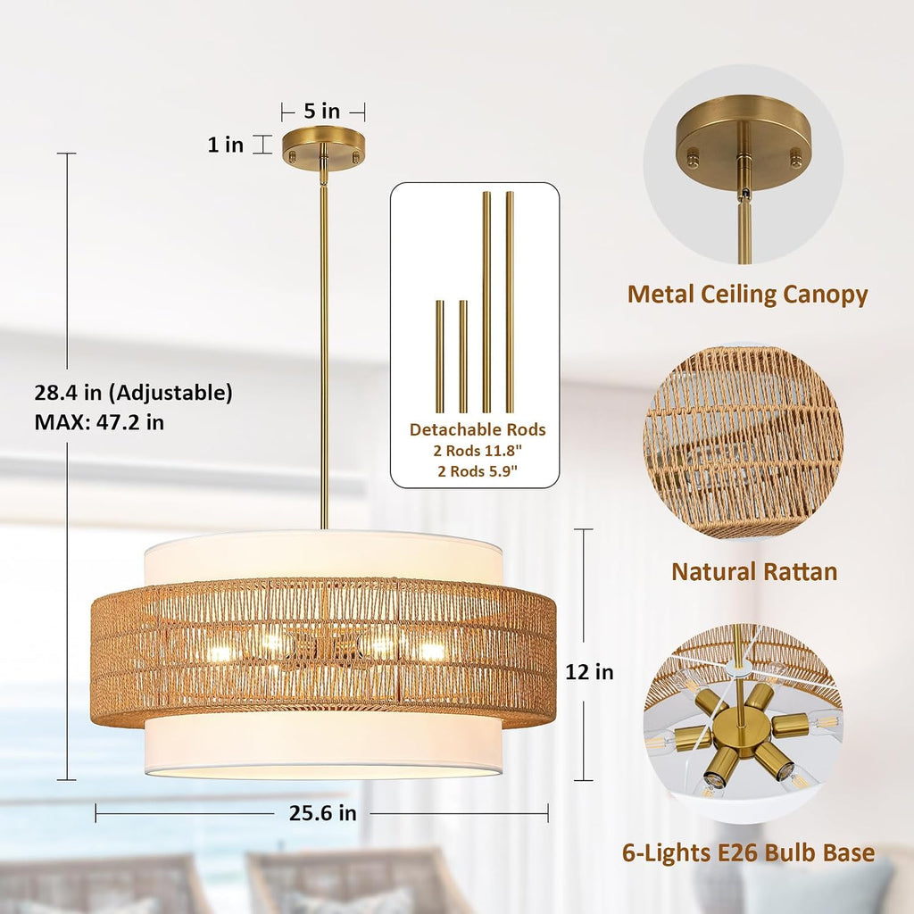 25.6" rattan chandelier for dining room, 6-light boho shown in use