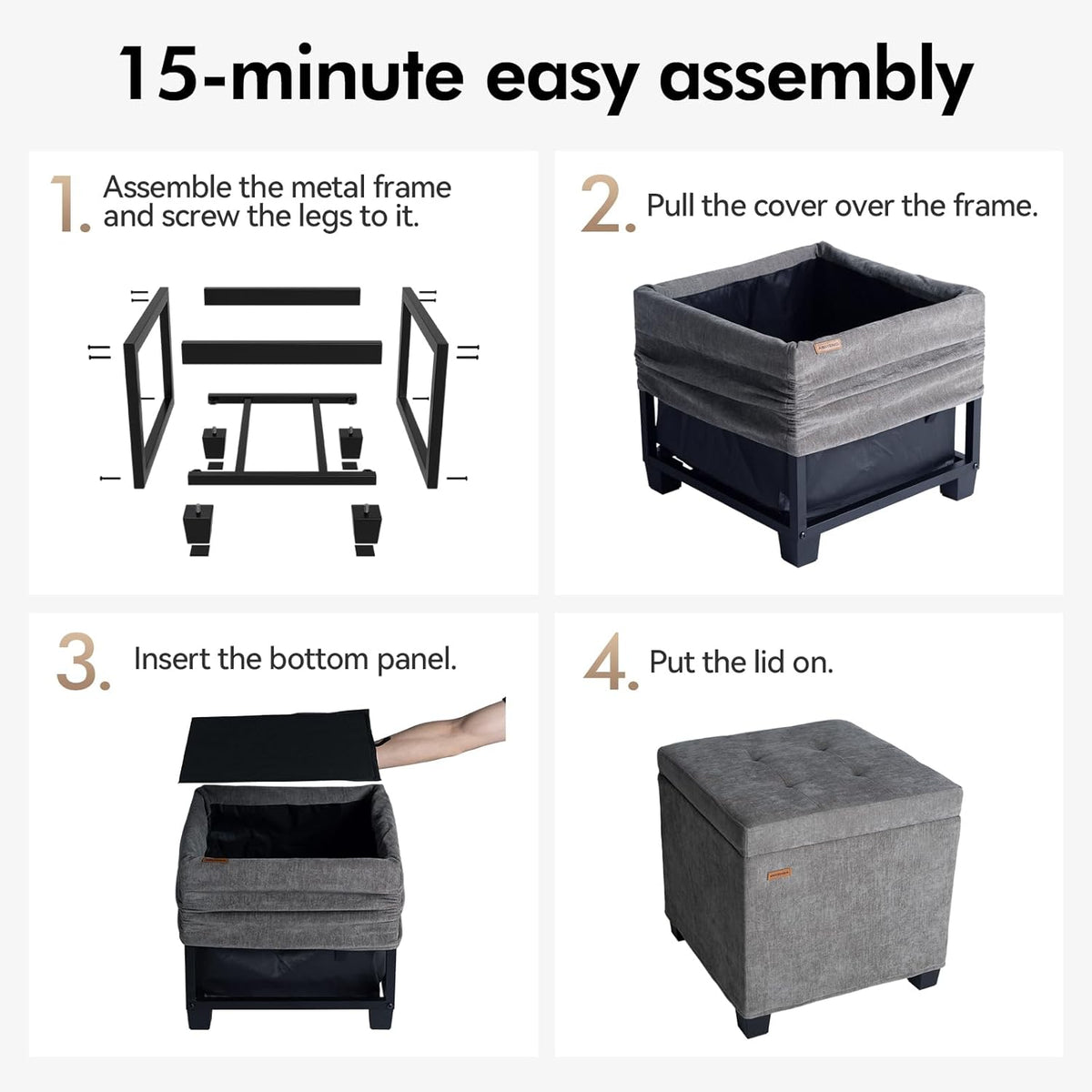 ABHENG Steel Frame Square Ottoman with Storage Gray UASND641G