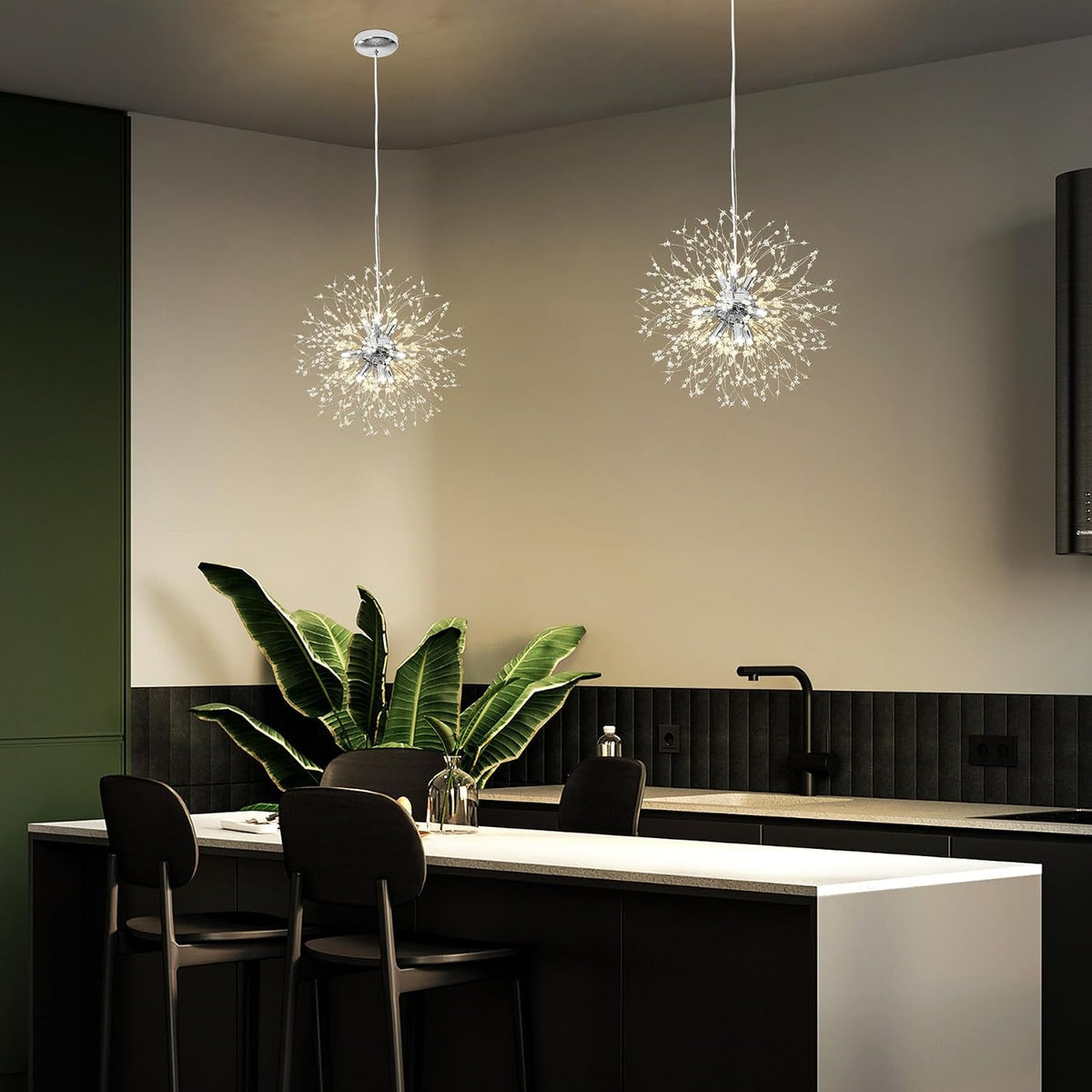 Modern Dandelion Firework Chandelier, Chrome, 9-Light