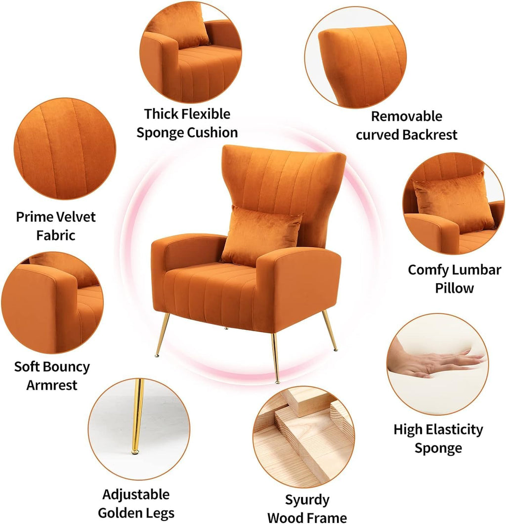 Modern Accent Chairs Set of 2, Wingback Chair with Arm & Gold Legs, Living Room Bedroom Side Chair with Lumbar Pillow, Velvet Upholstered, Channel Tufted, Orange