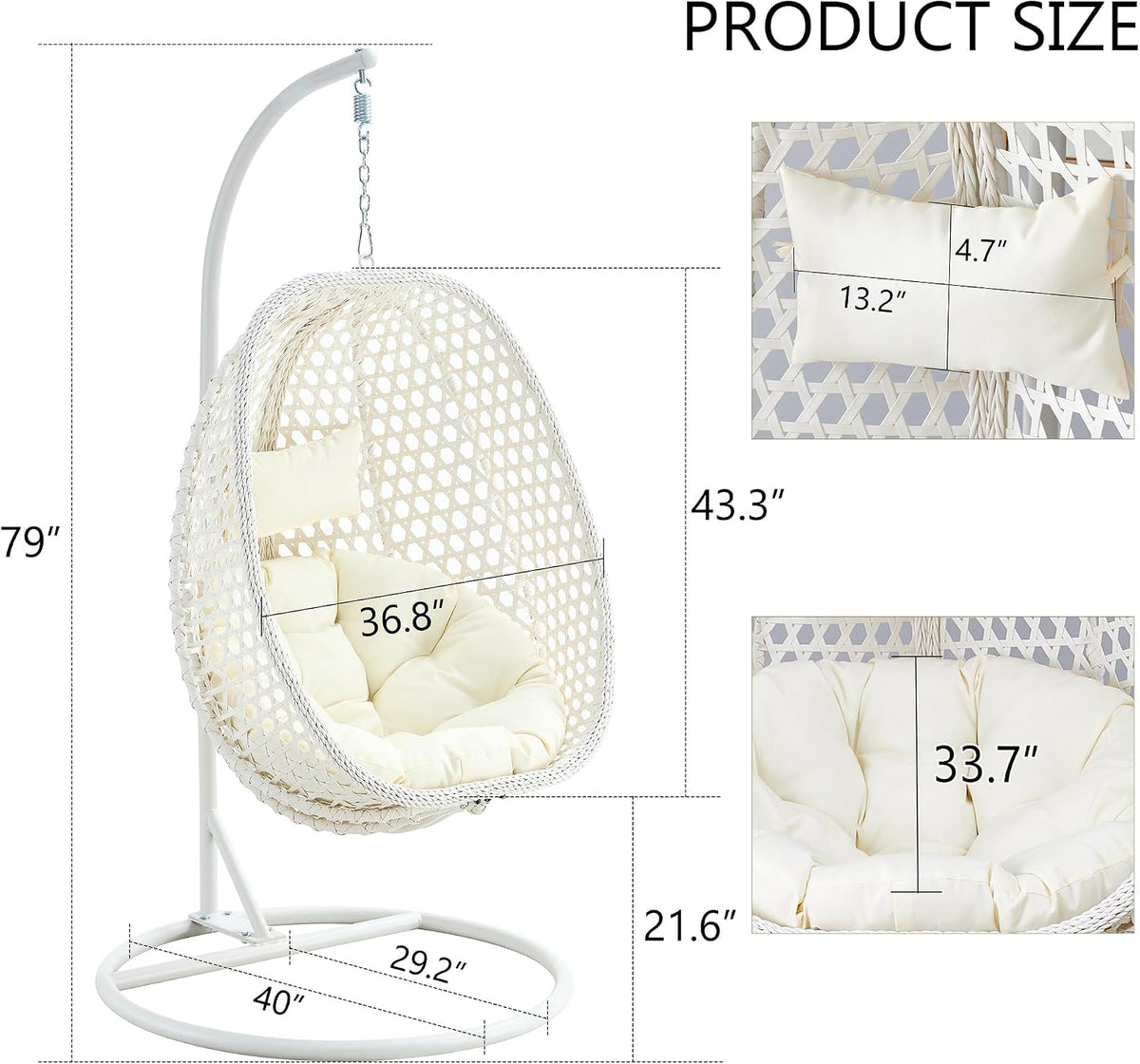 JUFU Egg Chair with Stand, Indoor and Covered Outdoor Hanging Egg Swing Chair with Removable Cushion and Headrest, 350 lb Capacity for Patio, Balcony, Porch, Bedroom, White