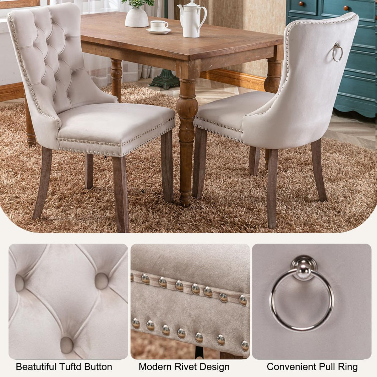 7-Piece Round Glass Dining Table Set for 6, Luxury Clear Tempered Glass Kitchen Table Set with 6 Beige Velvet Chairs,45.2" Circle Dining Room Tables with Black Geometric Metal Base