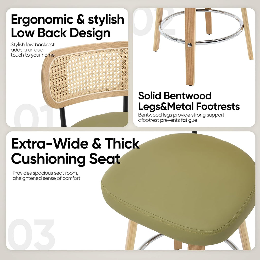 Rattan Bar Stools Set of 2,Upholstered PU Leather, 26‘’ Counter Height Barstools with Back and Wood Legs,360°Swivel,Mid-Century Modern Bar Stool for Kitchen Island Dining Room and Bar(Grass Green)